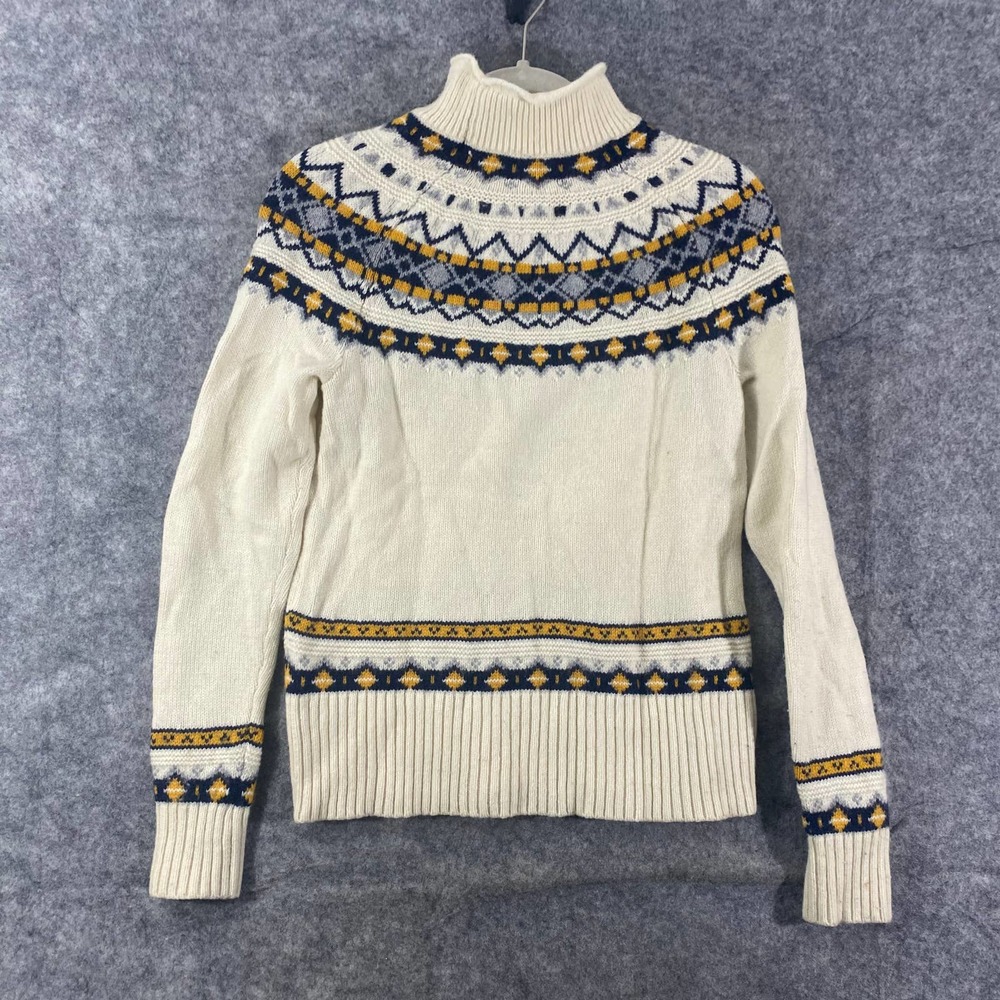 J. Crew Cream Fair Isle Turtleneck Sweater with Navy & Mustard Accents